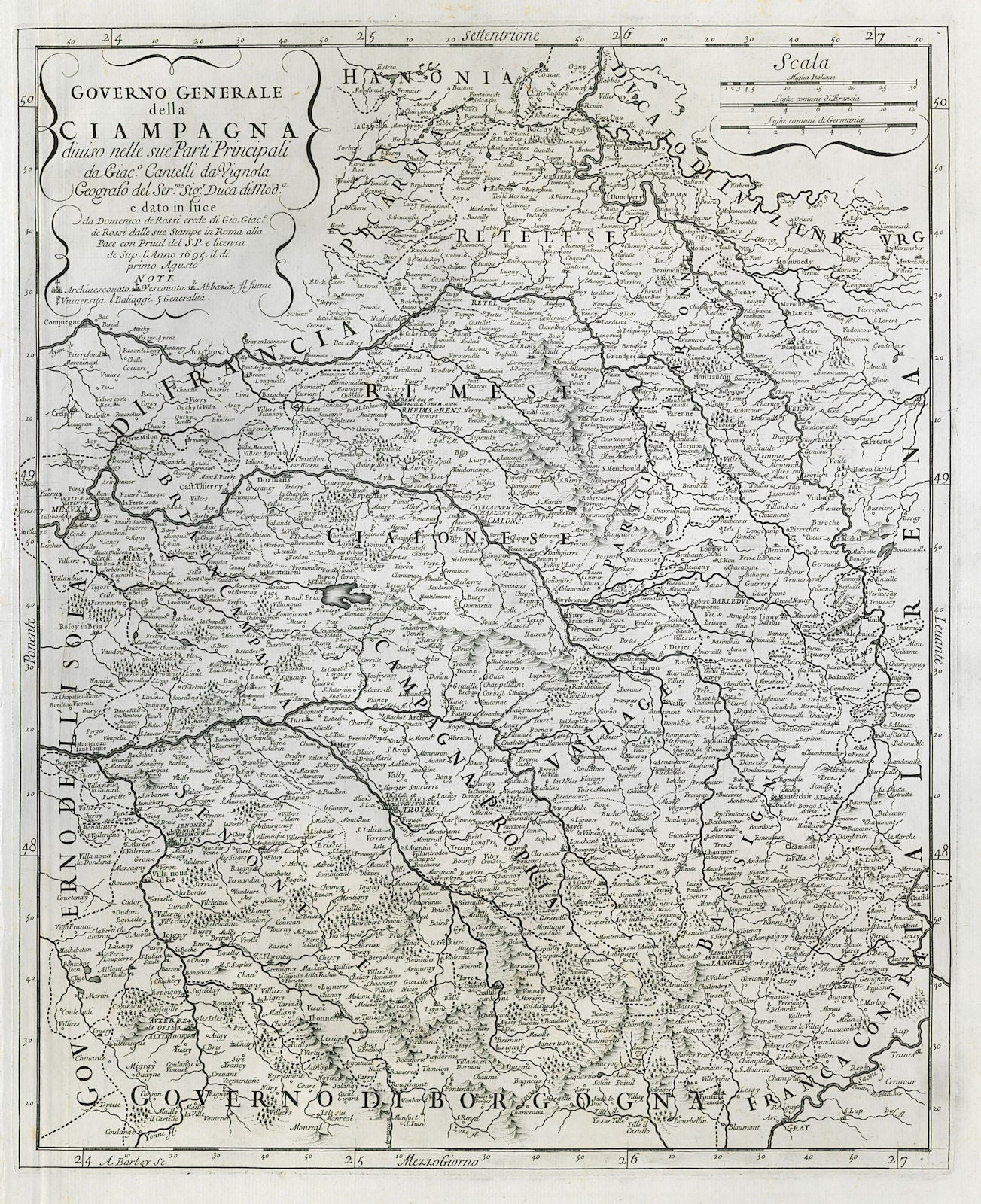 Governo Generale della Ciampagna. Champagne region. DE ROSSI / CANTELLI 1695 map